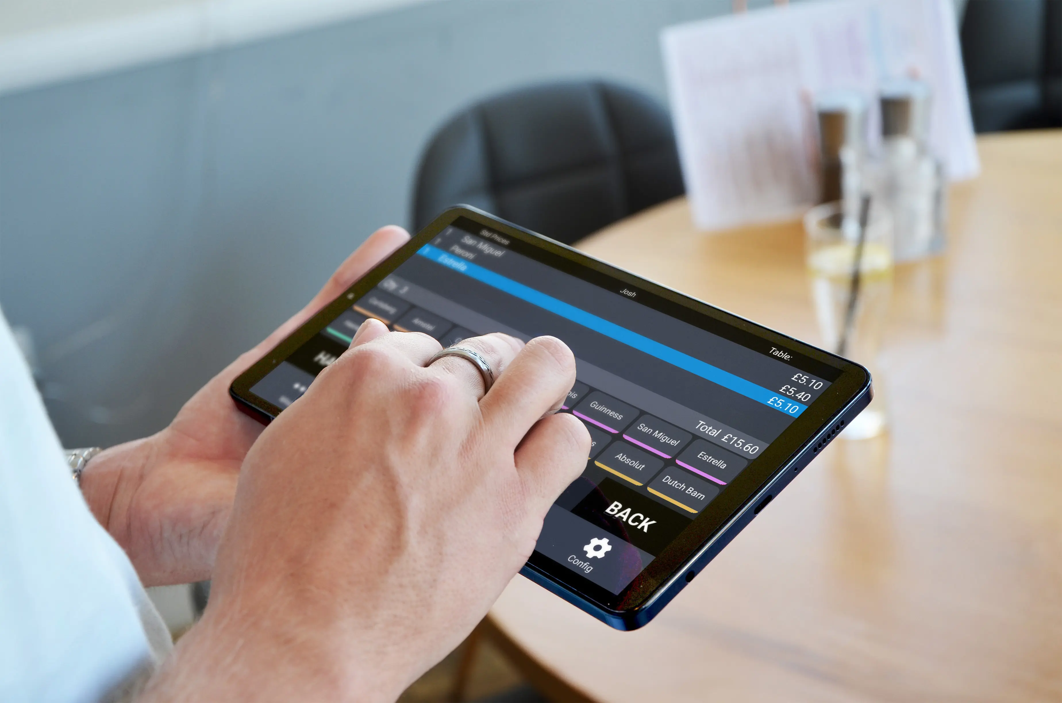 Server taking an order on a PocketTouch tablet